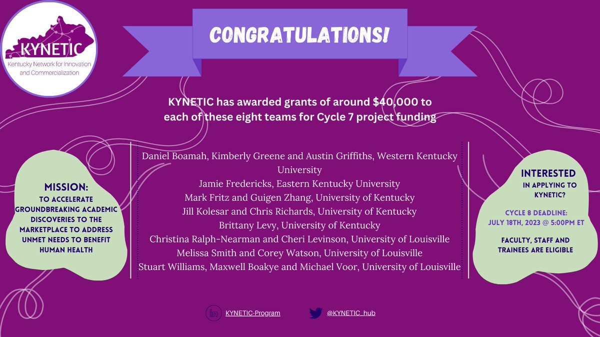 KYNETIC_hub's tweet image. Congratulations to the KYNETIC Cycle 7 Awardees!

Interested in applying? Pre-applications (bit.ly/3D1zbEq) are due July 18th at 5:00pm EST. Submission instructions can be found here (bit.ly/44kA7Qr).

#KYNETIC #REACH #NIHfunding #entrepreneurs