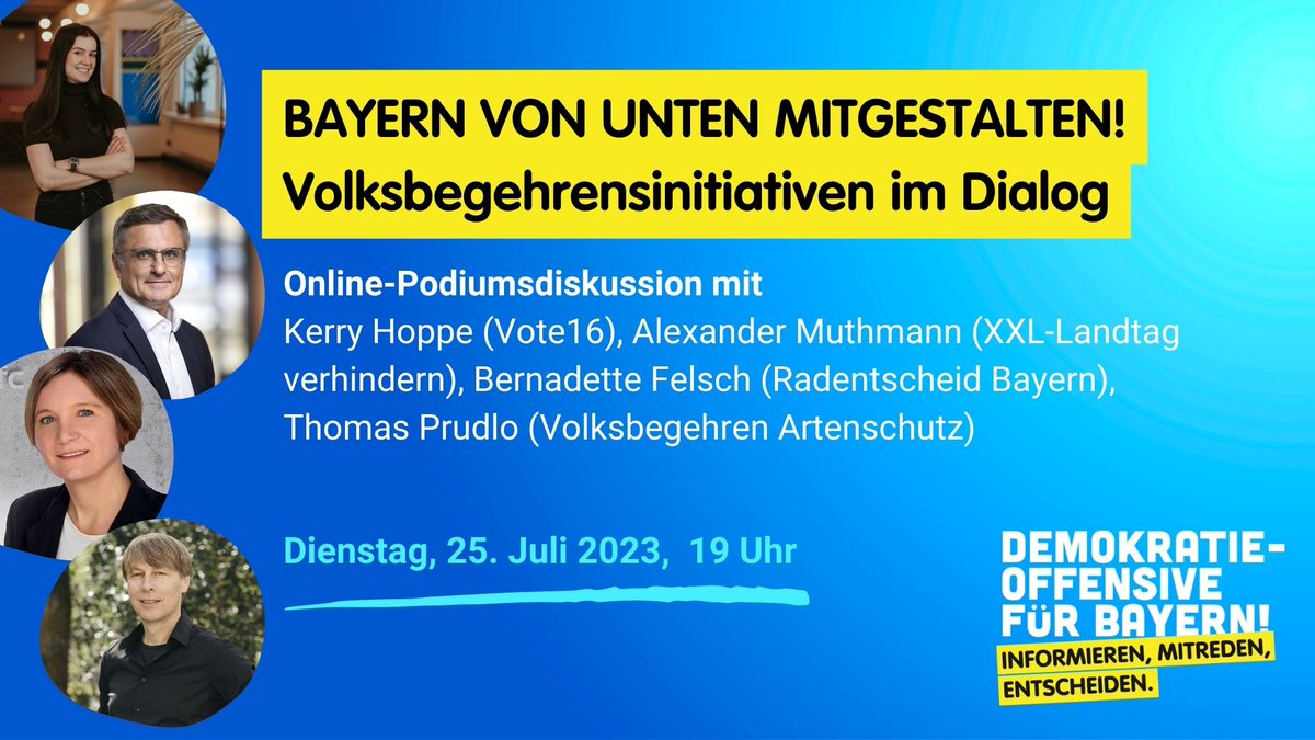Wie können wir #Volksbegehren verbessern? Aus der direktdemokratischen Praxis berichten <a href="/KerryHoppe/">kerry.hoppe</a> (<a href="/wahlalter16/">Vote16 - Wahlrecht ab 16 in Bayern</a>), Alexander Muthmann (XXL-Landtag verhindern), <a href="/bejulika/">BeJott</a> (<a href="/radentscheid_by/">Radentscheid Bayern</a>) &amp; Thomas Prudlo (<a href="/VArtenvielfalt/">Volksbegehren Artenvielfalt</a>). Anmeldungen per Mail an bayern@mehr-demokratie.de.