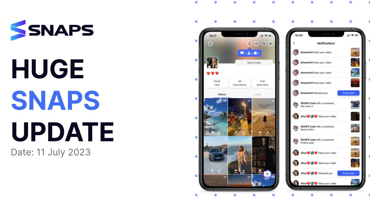 🚀Huge Snaps app update in the App Store &amp; Play Market!

- Notifications. Now each user receives notifications about new subscribers, likes and comments under his content
- Updated popular videos screen with updated logic for showing popular videos