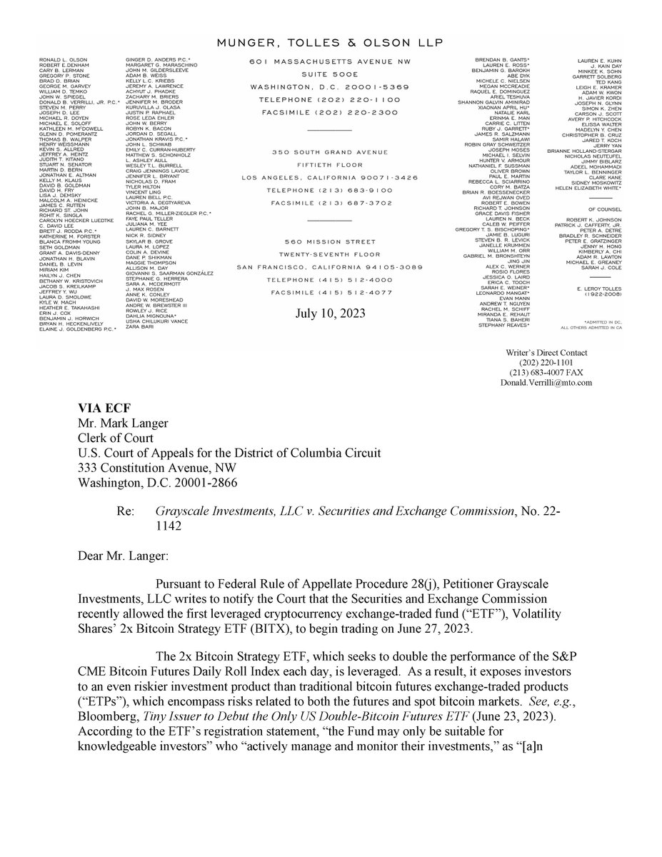 Grayscale's tweet photo. Today, our attorneys filed a letter with the DC Circuit highlighting the disparity between the SEC’s approval of a leveraged #bitcoin futures ETF while continuing to deny approval of spot bitcoin ETFs like $GBTC. Let’s dive deeper. 🧵/6 https://t.co/z7WyGBthhT
