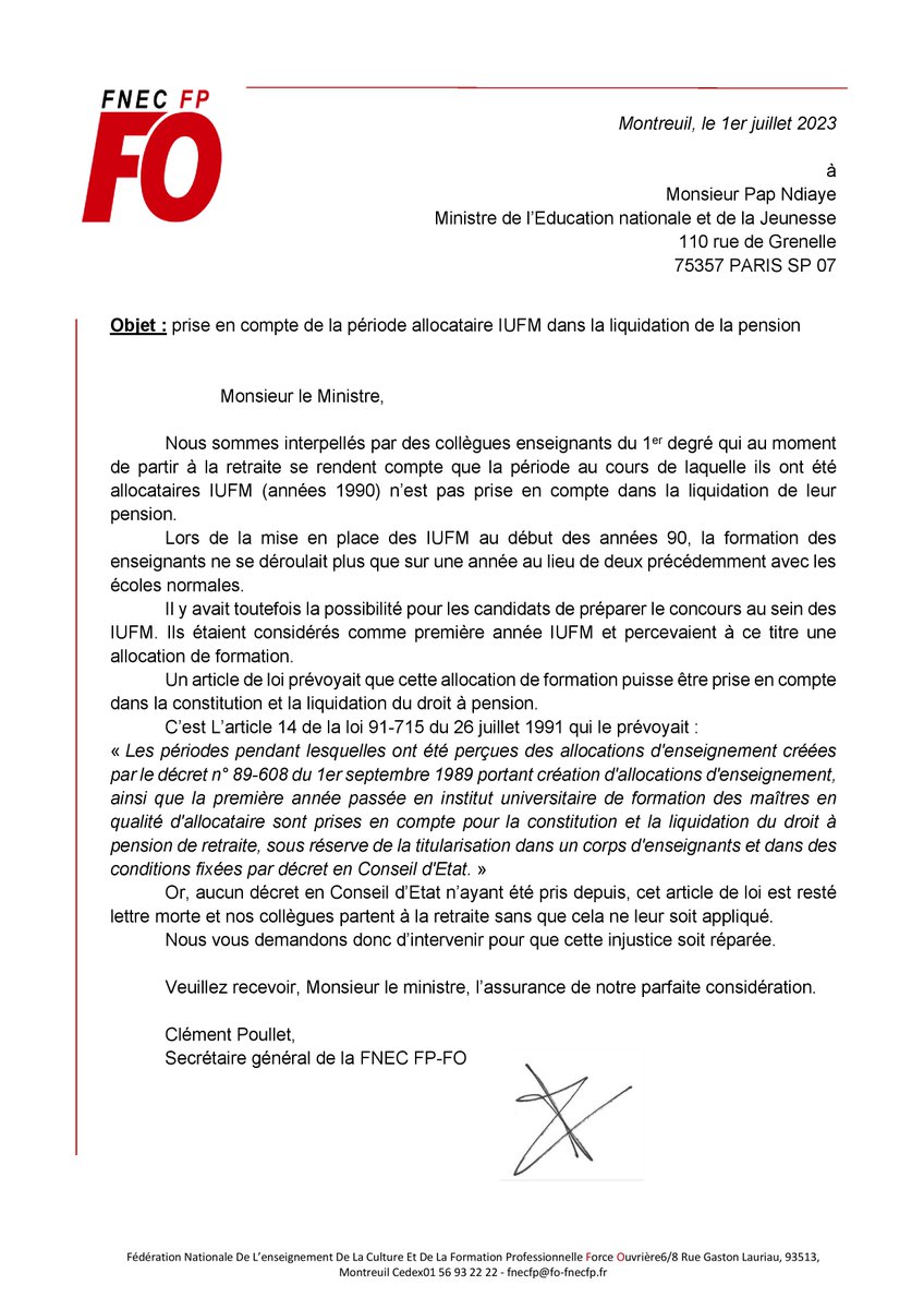 SNFOLC_national's tweet photo. La @FnecFpFO a écrit au ministre #Ndiaye pour la prise en compte de la période #allocataire IUFM dans la liquidation de la pension pour la #retraite . https://t.co/D3xL9kLRGR