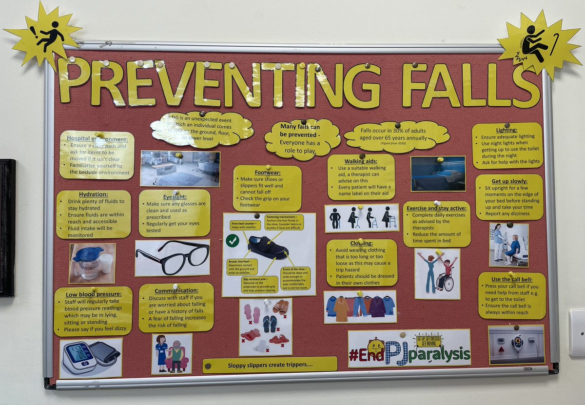 Presenting our new falls prevention noticeboard🤩

This is being displayed at the nurses station, near the entrance of the ward, for all patients, visitors and staff to read!

#fallsprevention #endpjparalysis #safermobility @ReconGamesUK