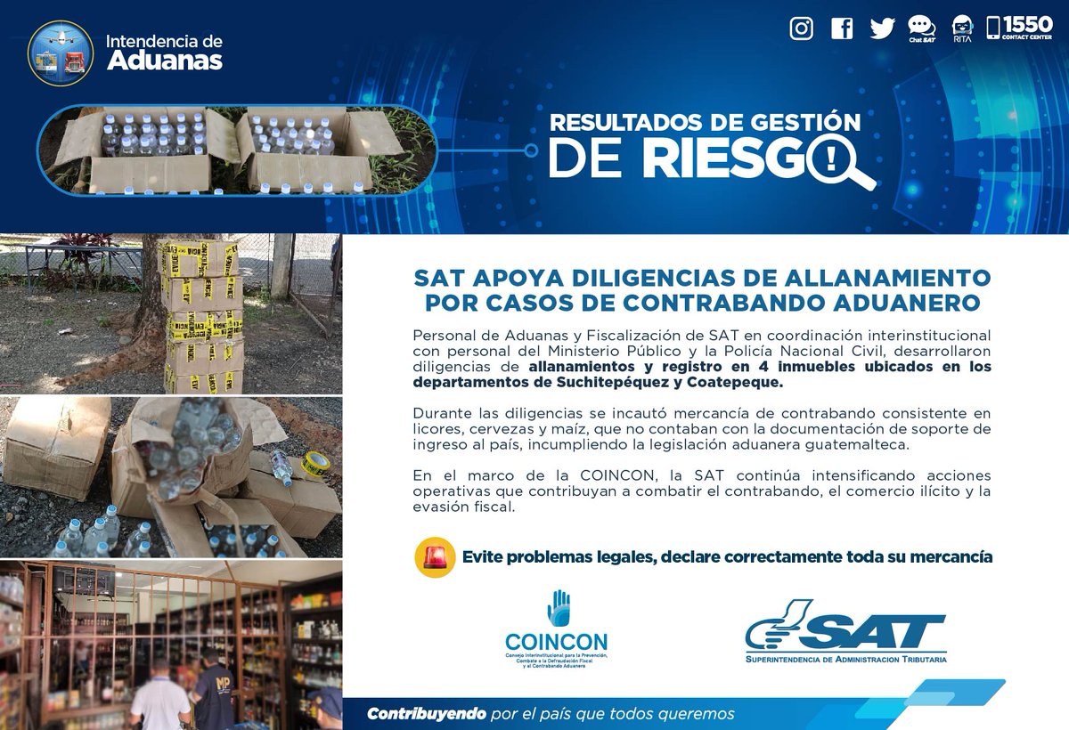 SATGT's tweet photo. ➡️SAT apoya diligencias de allanamiento por casos de contrabando aduanero.
#DiNoAlContrabando #COINCON🤚🏻 https://t.co/xe1jfoPw9R