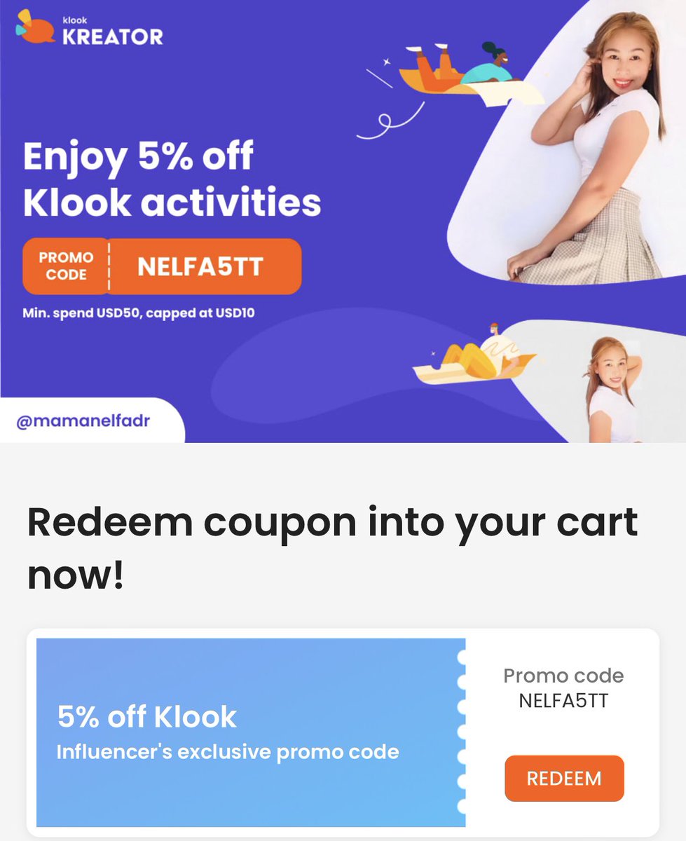 mamanelfdr's tweet photo. New Klook promo code alert! 📣

If you have already redeemed and booked through the NELFA5OFF code, may bago akong exclusive promo code for you guys!😁
Go to this link to redeem it:
https://t.co/ZdxjSvSj6H https://t.co/J810kwmPT8