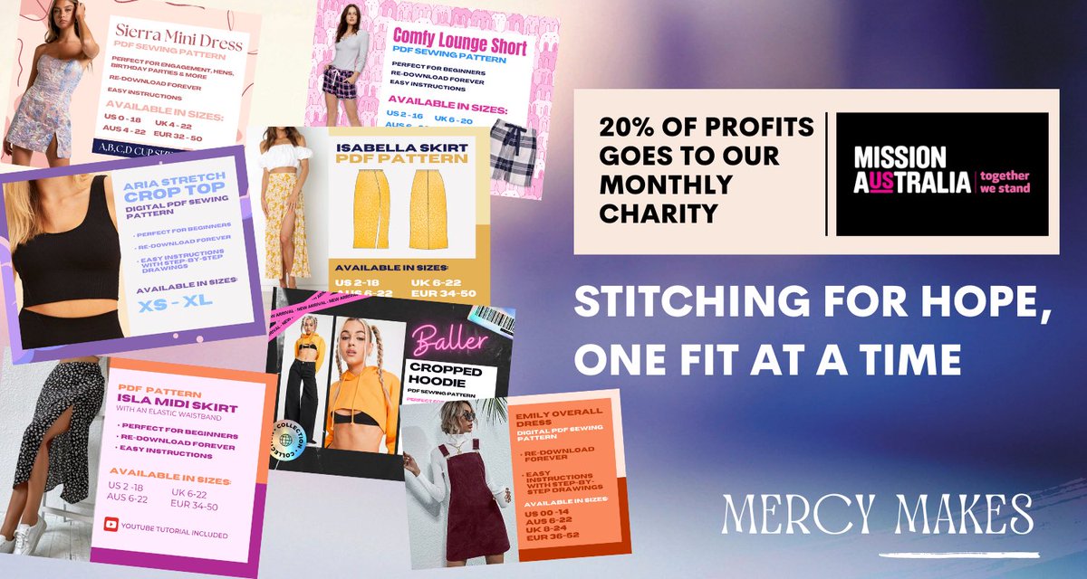 mercymakesco's tweet photo. 🌟 Exciting news! We’re choosing a monthly charity to support and kicking it off by donating 20% of of our sewing pattern profits to Mission Aus, helping victims of domestic violence. 🧵💪 Learn a new skill &amp; help support a great cause ❤️ #SewForACause https://t.co/24nZlw9puk