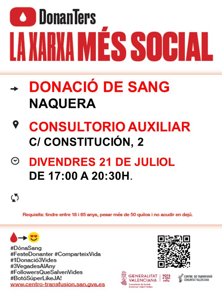 🩸DONACIÓN DE SANGRE🩸
El próximo día 21 de julio de 17:00 a 20:30 en el Ambulatorio.