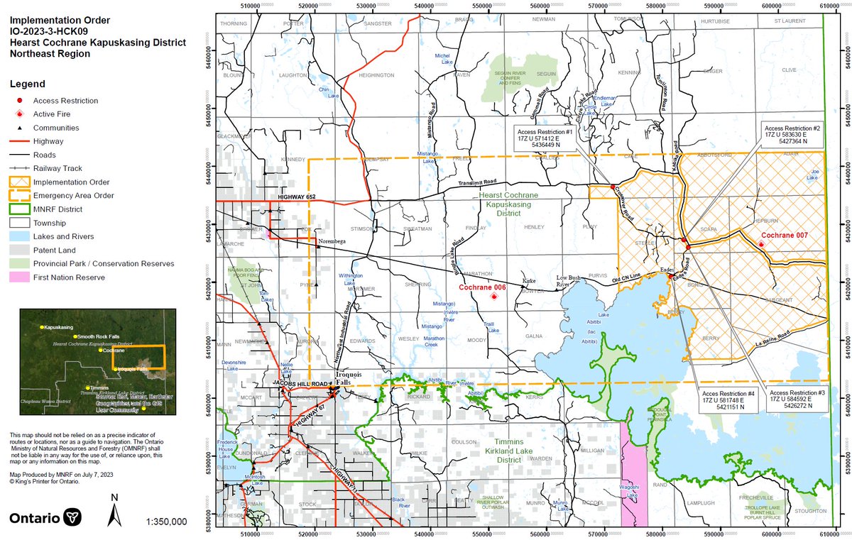 ONforestfires's tweet photo. UPDATE: Changes have been made to the Implementation Order (EAO 2023-03) around the #Cochrane7 wildland fire. Visit https://t.co/hjyNBmO48D for updated travel restrictions. https://t.co/JHIdZwU2ZB