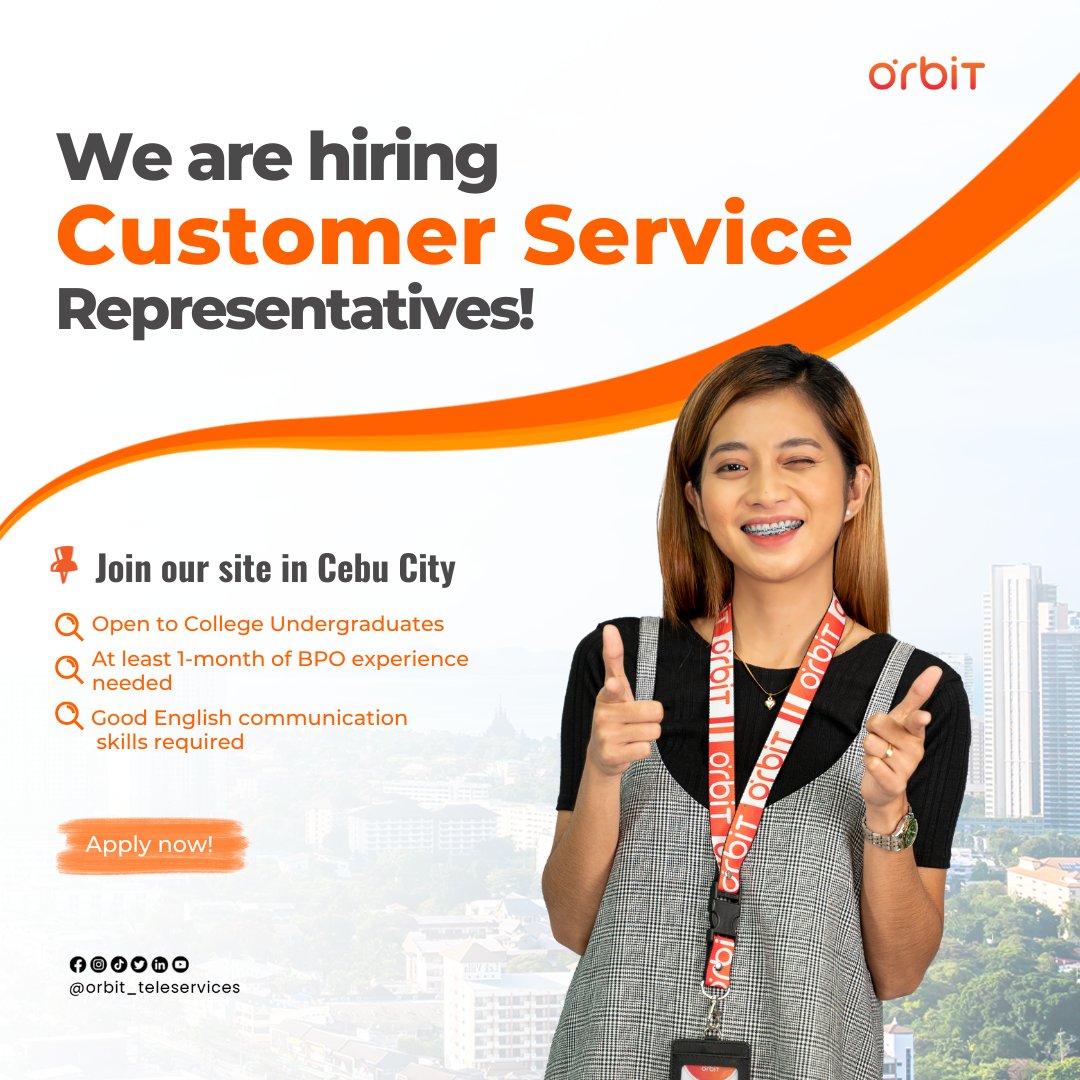OrbitCareerHub's tweet photo. 🌍 Be part of dedicated Customer Service Representatives and make a significant impact on customer satisfaction through outstanding experiences!

Apply Here: https://t.co/wHenIwm07N https://t.co/EqT62TeEht
