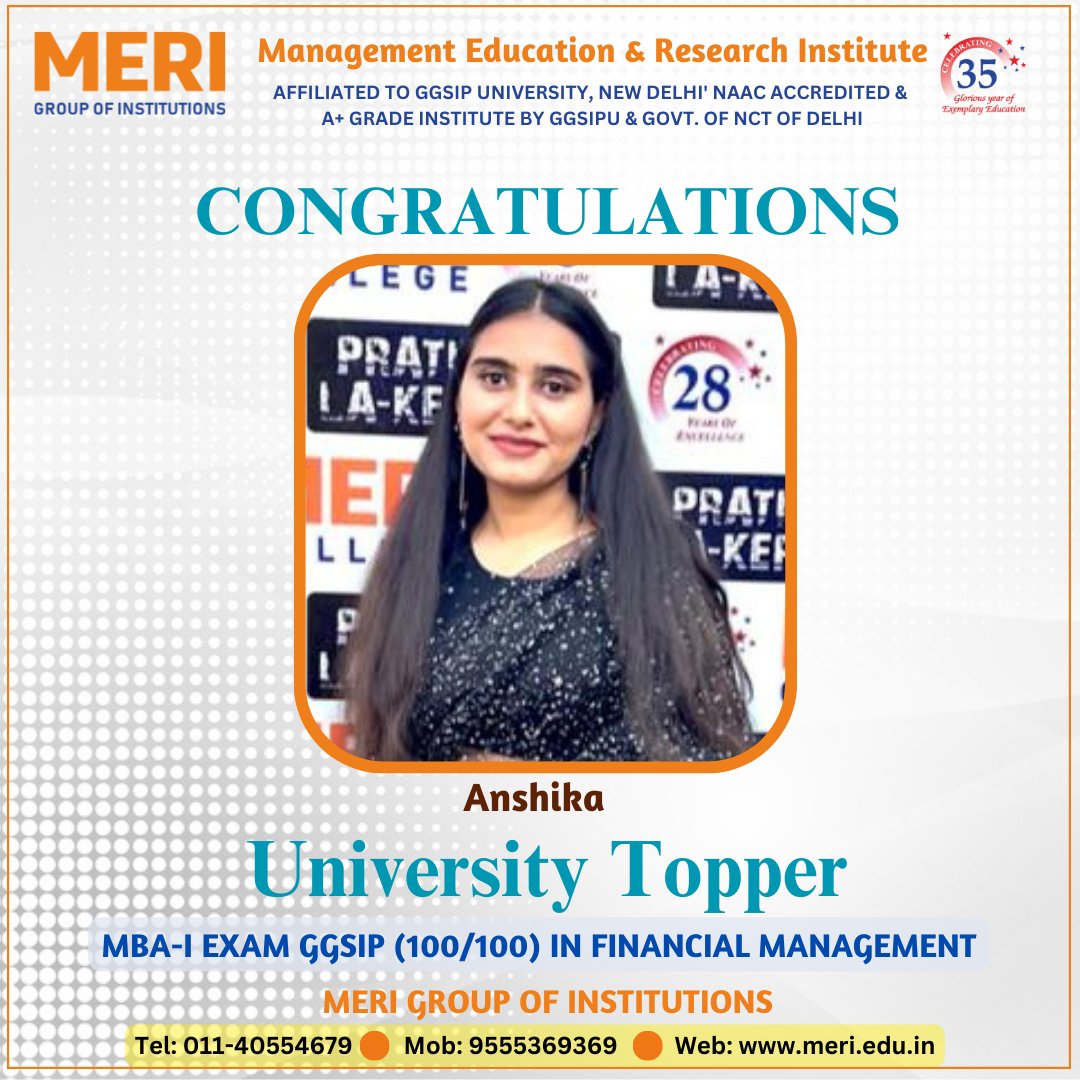 meri_college's tweet photo. 𝐌𝐄𝐑𝐈 𝐂𝐨𝐥𝐥𝐞𝐠𝐞 𝐢𝐬 𝐏𝐫𝐨𝐮𝐝 𝐭𝐨 𝐡𝐚𝐯𝐞 𝐔𝐍𝐈𝐕𝐄𝐑𝐒𝐈𝐓𝐘 𝐓𝐎𝐏𝐏𝐄𝐑𝐒 from MBA-I 2023 exam, 𝐀𝐧𝐬𝐡𝐢𝐤𝐚 (100/100) in (FM) Financial Management.

#MERICollege #Congratulate #universitytopper #Anshika #proudmoment #merigroupofinstitutions 
 #ipucollege #naac https://t.co/RybzALlBKA