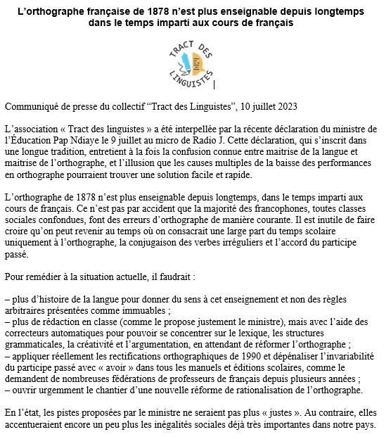 TractLinguistes's tweet photo. “La déclaration de Pap Ndiaye entretient [...] l’illusion que les causes multiples de la baisse des  performances en orthographe pourraient trouver une solution facile et  rapide.”
Communiqué de presse du collectif Tract des linguistes, 10 juillet 2023 https://t.co/JbwwvsD2zC