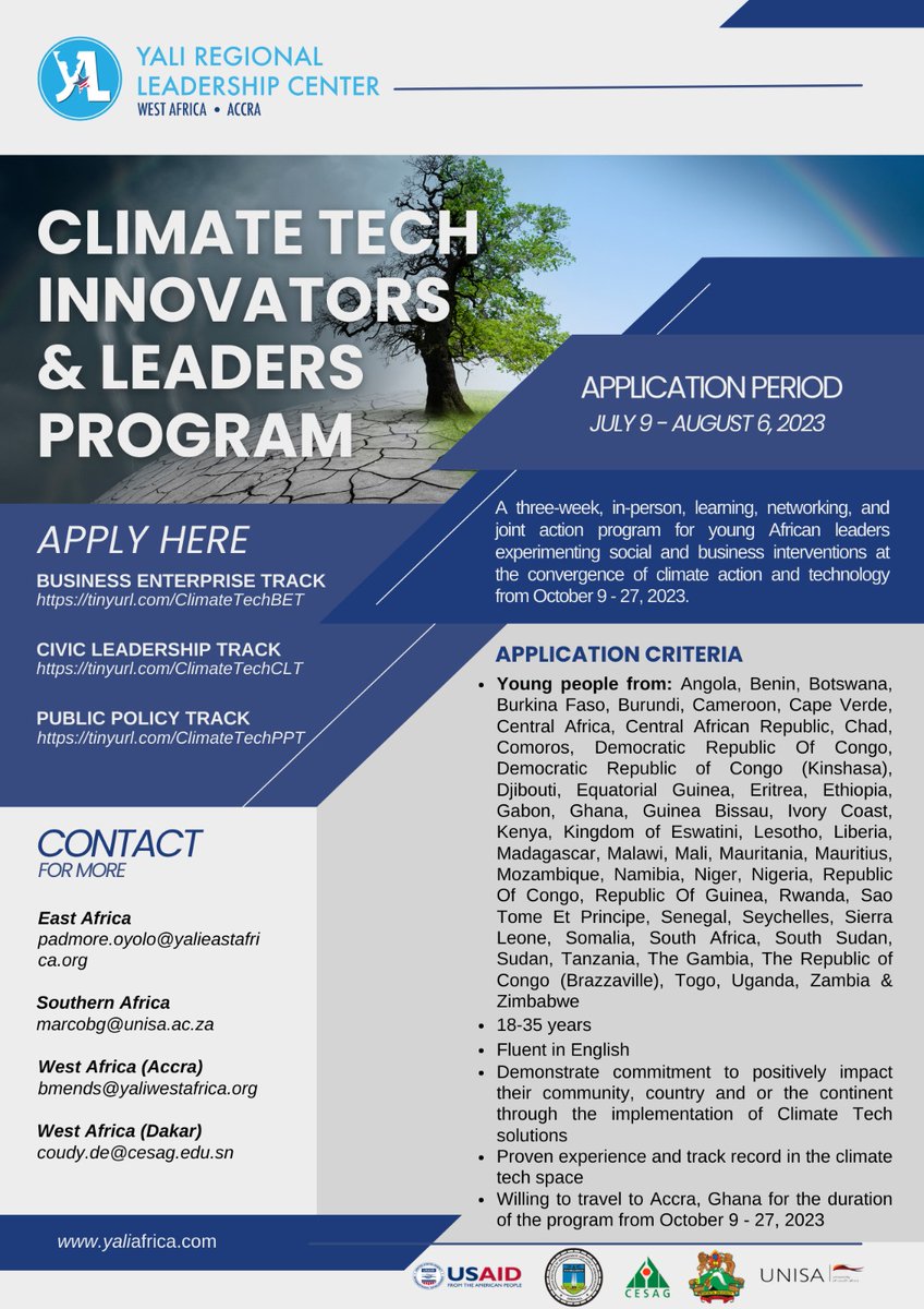 YALIRLCWAAccra's tweet photo. Apply for the Climate Tech and Innovators' Program! 

Business Enterprise Track https://t.co/ex3XfAbsd3 

Civic Leadership Track https://t.co/RkaQQgriKT 

Public Policy Track https://t.co/6GLE1weiZC

Application deadline is August 6, 2023.
@USAIDWestAfrica 
@YALI4AFRICA https://t.co/Mifx33tJSg