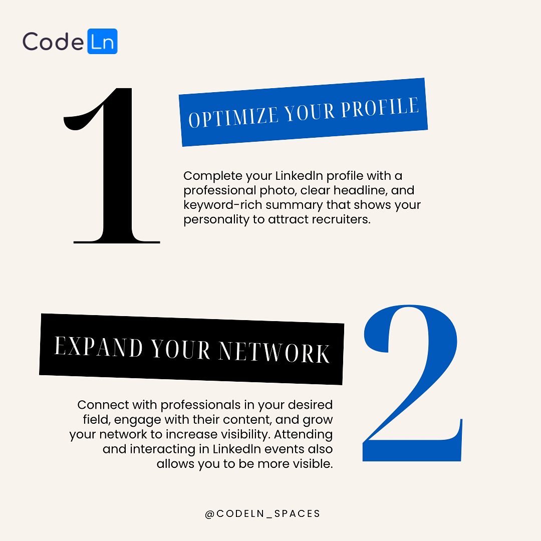 Codeln_spaces's tweet photo. Happy new week fam⭐️

Here are 4 ways you can stand out on LinkedIn:

- Optimize your profile 
- Expand your network 
- Publish valuable content
- Join relevant groups or pages

#LinkedIn #tech #thread #ChatGPT #CodeLn https://t.co/R2yV24U8OT