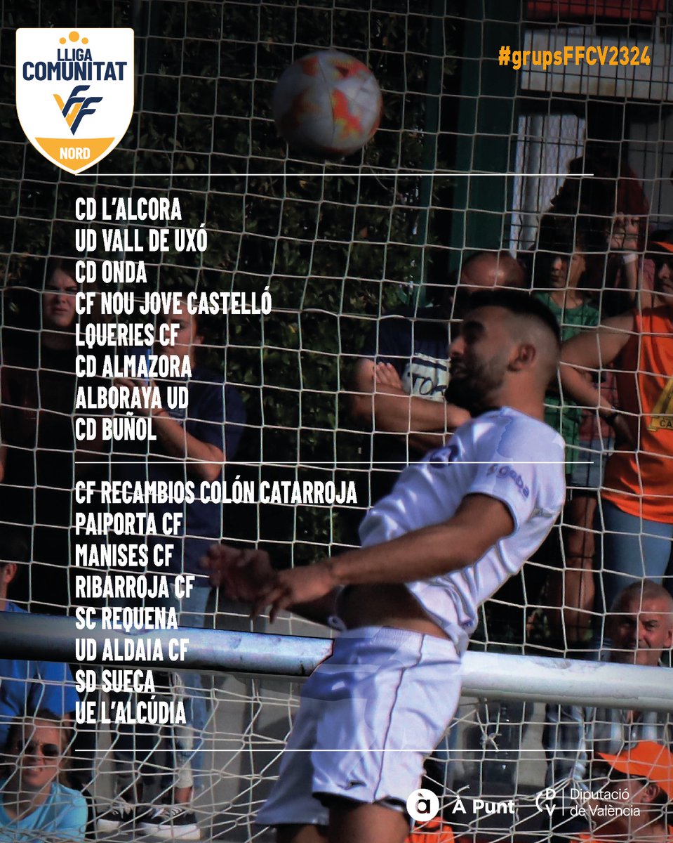 FFCV_info's tweet photo. FUTBOL |

🏅 Estos son los 2️⃣ grupos (Nord y Sud) de la nueva #LligaComunitat 🛡️ 🤩

🔜 Comenzará el 9/10 de septiembre 

📎 https://t.co/MfeKhRFima

#SomFutbol #GrupsFFCV2324 https://t.co/ax5dtRM92C