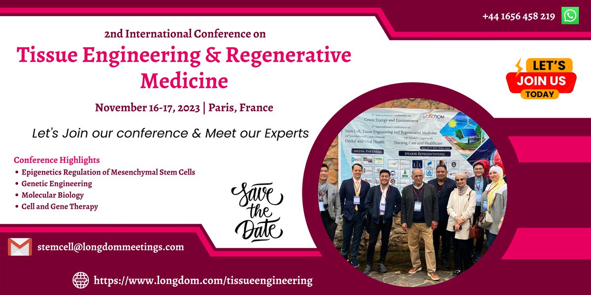 stemcells2023's tweet photo. #hurryup...!!! #limitedslots: Available at 149 euros.

Join our Event &amp; Meet our experts at #Tissueengineering #Conference in #Paris, #France on Nov 16-17, 2023, #virtualparticipation
Submit your proposals at: https://t.co/wVBqZ7SDYs
W: +44 1656 458 219
#stemcells #biology https://t.co/MSiknThN07