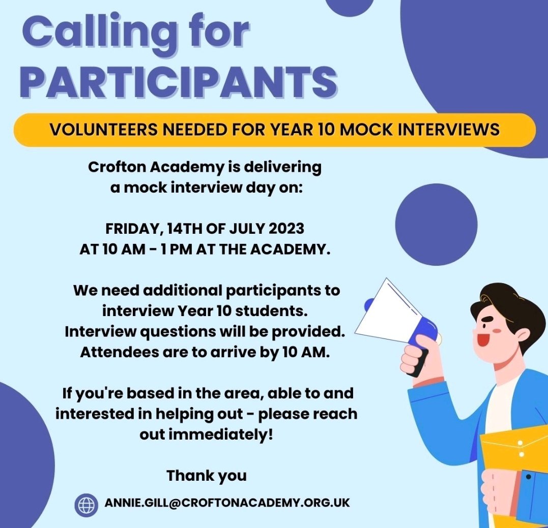 Please consider volunteering a few hours this week to motivate and inspire the young people of Wakefield! ⬇️ #callforparticipants #employerengagement #CareerGrowth #mockinterviews #wakefield