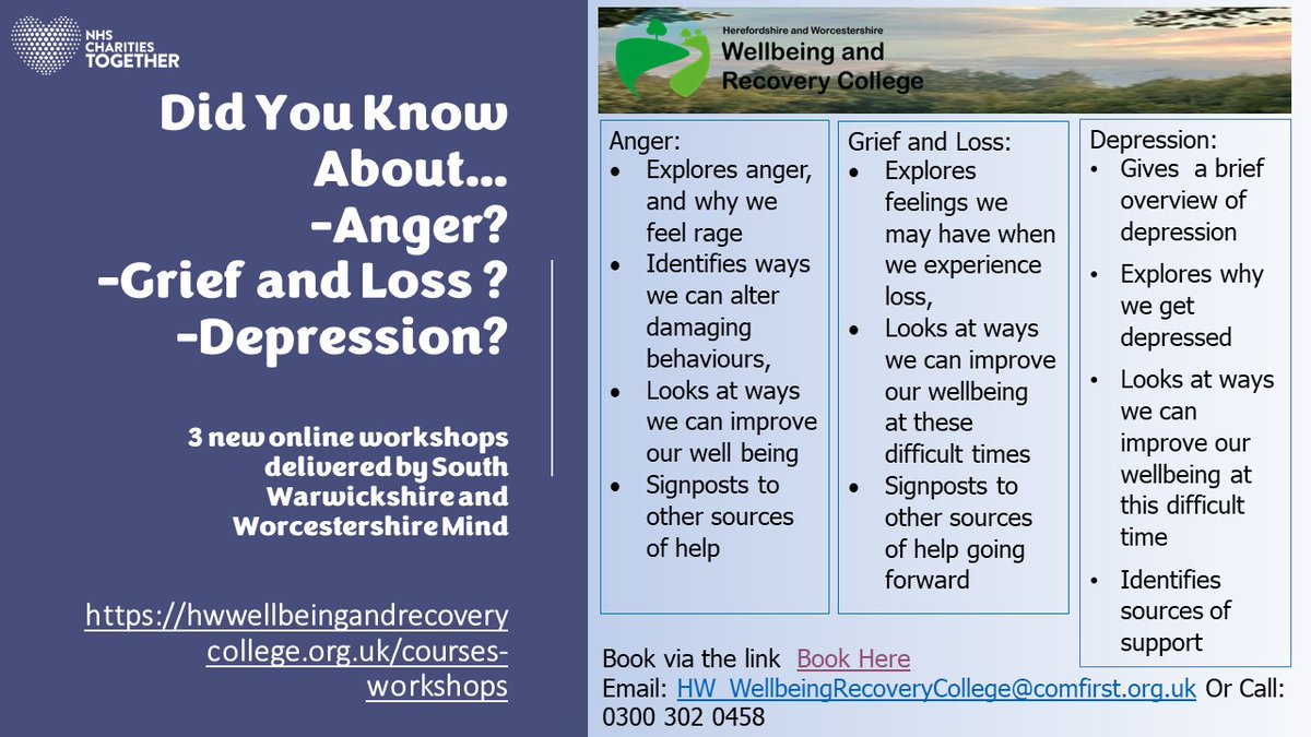Invest an hour to make a change. Each of these FREE short sessions will explain feelings, share skills to improve wellbeing and further resources to help you move forward.  Book by clicking here: hwwellbeingandrecoverycollege.org.uk/courses-worksh…  Or call us to find out more: 0300 302 0458