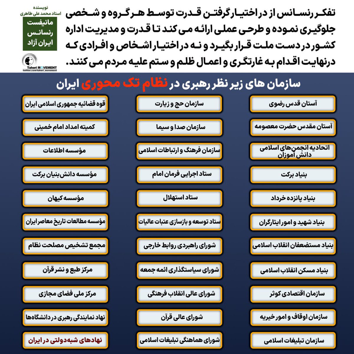 #تفکر_رنسانس از در اختیار گرفتن قدرت توسط هر گروه و شخص جلوگیری نموده و طرحی عملی ارائه میکند تا قدرت و مدیریت اداره کشور در دست ملت قرار بگیرد و نه در اختیار اشخاص و افرادی که در نهایت اقدام به غارتگری و اعمال ظلم و ستم علیه مردم میکنند.
#محمدعلی_طاهری

مانیفست