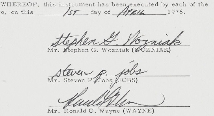 Apple was founded by Steve Jobs, Steve Wozniak &amp; Ron Wayne.

Wayne worked with Jobs at Atari and designed Apple’s first logo. 

He decided to leave less than two weeks after signing this document. 

He sold back his 10% stake for $800.

10% of Apple is now worth $300 billion.