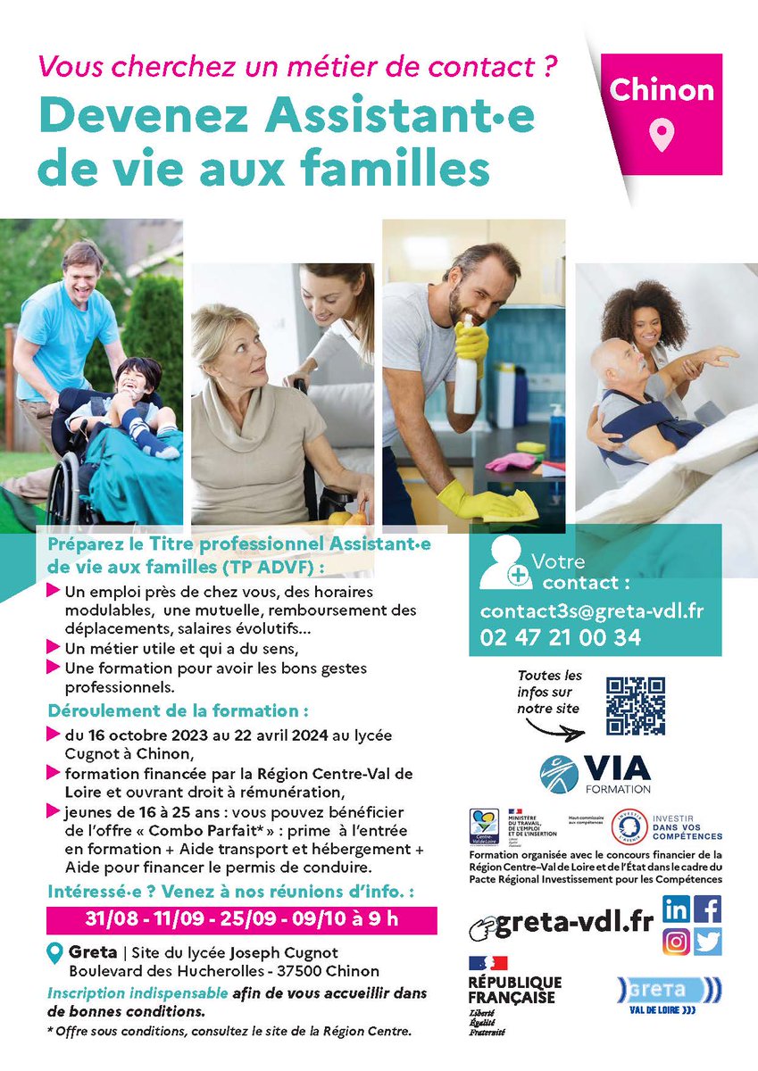 [📍 #Chinon ] Vous cherchez un #métier de contact ? Devenez Assistant(e) de vie aux familles (#ADVF).
Un emploi à l'issue de la formation.

Contact : 📧 Contact3s@greta-vdl.fr 📞02 47 21 00 34
Plus d’infos sur la formation 👉 swll.to/sXQd6

#AideaDomicile #job