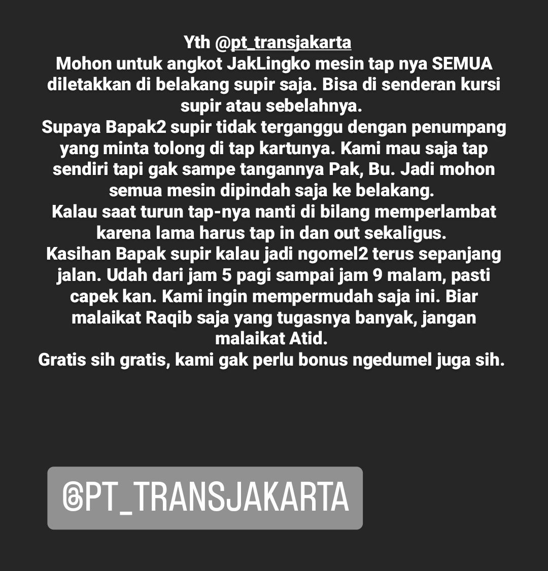 verraveronica's tweet photo. Yth @PT_Transjakarta
Mohon untuk angkot JakLingko mesin tap nya SEMUA diletakkan di belakang supir saja. Bisa di senderan kursi supir atau sebelahnya. https://t.co/4JxsrYa0a4