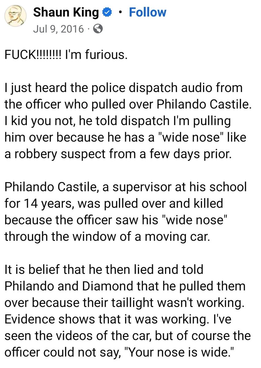 YtH8r's tweet image. Just a reminder that #PhilandoCastile was pulled over because the officer said he had "a wide nose" aka racial profiling and featurism.