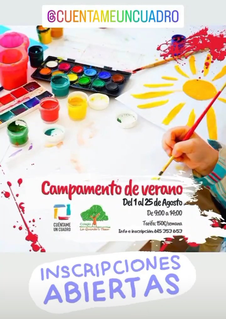 Aún quedan plazas en nuestro campamento de verano con cuentameuncuadro.com pero no muchas, ¡¡Date prisa y reserva tú plaza antes de que se agoten!!
Más info en nuestro perfil de Instagram
