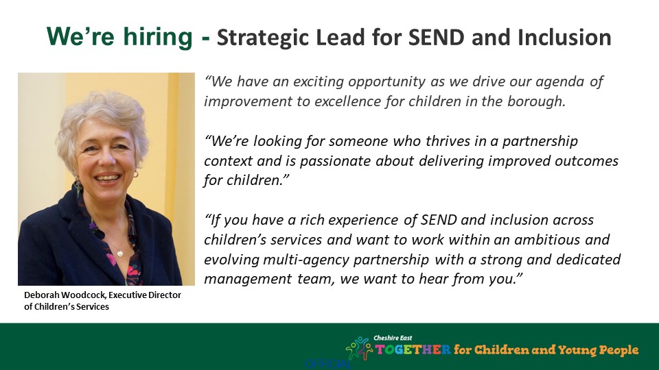 Are you passionate in delivering improved outcomes for children? We're looking for an experienced individual to become our new strategic lead for SEND and inclusion. Find out more on our website: jobs.cheshireeast.gov.uk/vacancy/strate…