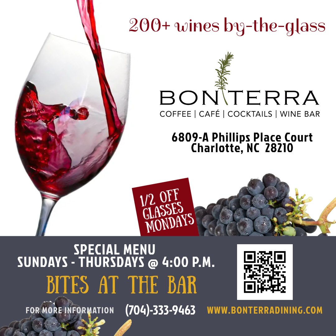 Guess what day it is?  Cheers to Mondays done right!  Join us for half priced wines by the glass every Monday! 🍷 

Stop by today! Link in bio

#MondayMotivation #wine #wineenthusiasts #foodie #summertime #redwine #whitewine #selfcare #monday #winelist #Bonterra #charlottefood