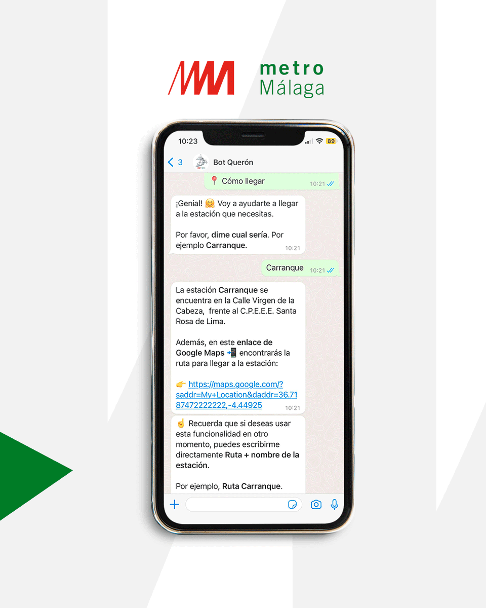 ¿Tienes alguna duda sobre Metro de Málaga? 🤔 Bot Querón contesta tus preguntas sobre horarios, frecuencias y normativa, cuál es el billete más conveniente para ti, cómo llegar a una determinada estación, o en cuál debes bajarte. 📱 Háblale por WhatsApp al 689 144 600. 🚇