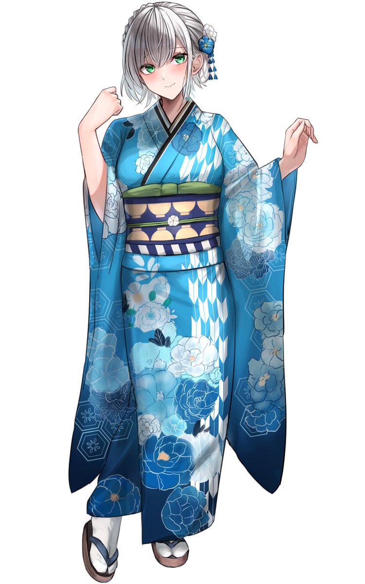 shirogane noel 1girl japanese clothes solo kimono grey hair green eyes official alternate hairstyle  illustration images