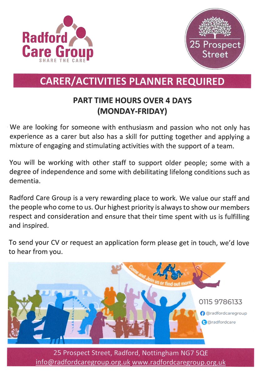 We're recruiting! Both vacancies offer daytime hours to be worked over 4 weekdays. Please get in touch for further information and/or an application form or send your CV to us at info@radfordcaregroup.org.uk  #recruiting