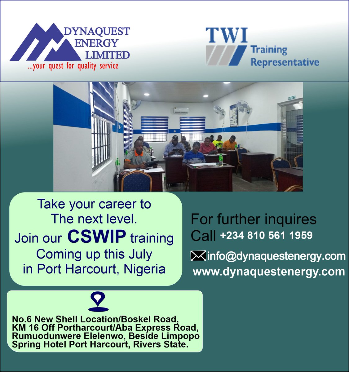 DynaquestEnergy's tweet photo. Plan to attend. Join our CSWIP training coming up this July in Port Harcourt. Check the picture for more info.
#CSWIP #Training #oilandgas #Nigeria https://t.co/dj2UWrnsOX