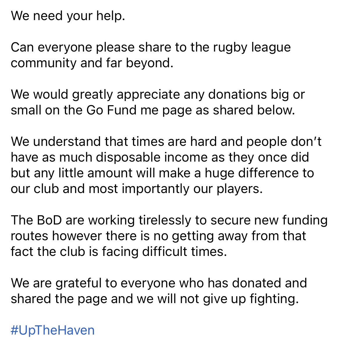 OfficialHavenRl's tweet photo. To fans of Whitehaven Rugby League and the wider rugby league family - we need your help 

https://t.co/ZzP3TWdbx9

#WeareHaven https://t.co/SsqPibhXCs
