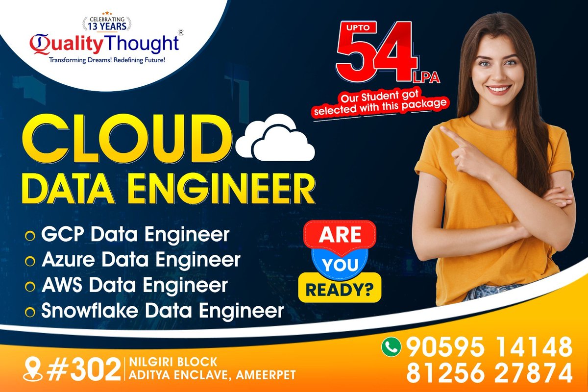 QTTWorld's tweet image. Advance your career with in-demand skills. Receive professional-level With our cloud data engineer training from Quality Thought
🌐Register for the Course:
qualitythought.in/registernow
📲 Contact: 90595 14148
☎️ Toll-free No: 1800 309 2939
#googlecloud #gcptraining #clouddataengineer