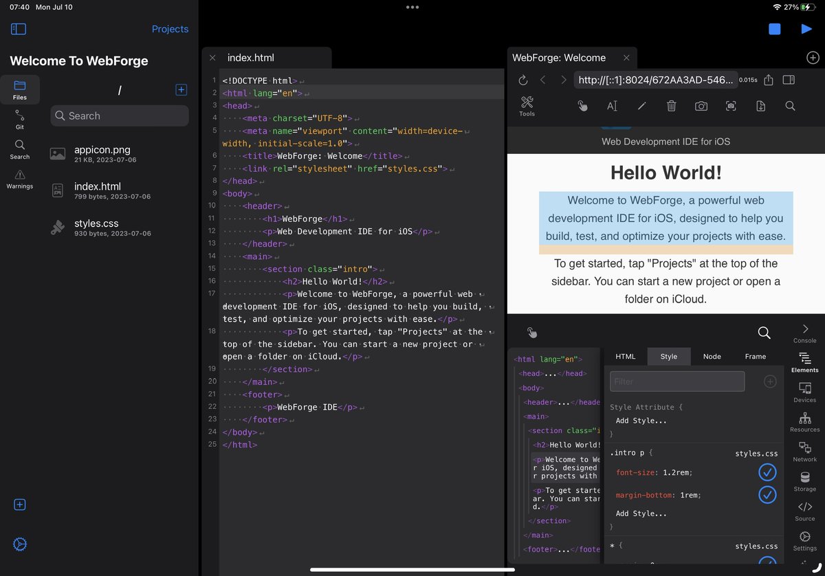 webforgeide's tweet image. 🔎 Develop with tools! Inspect Browser (@inspectwebdev) is integrated into WebForge IDE. Finally, an entire suite of desktop-class browser developer tools at your fingertips, all on iOS. #comingsoon #WebForge #WebDev