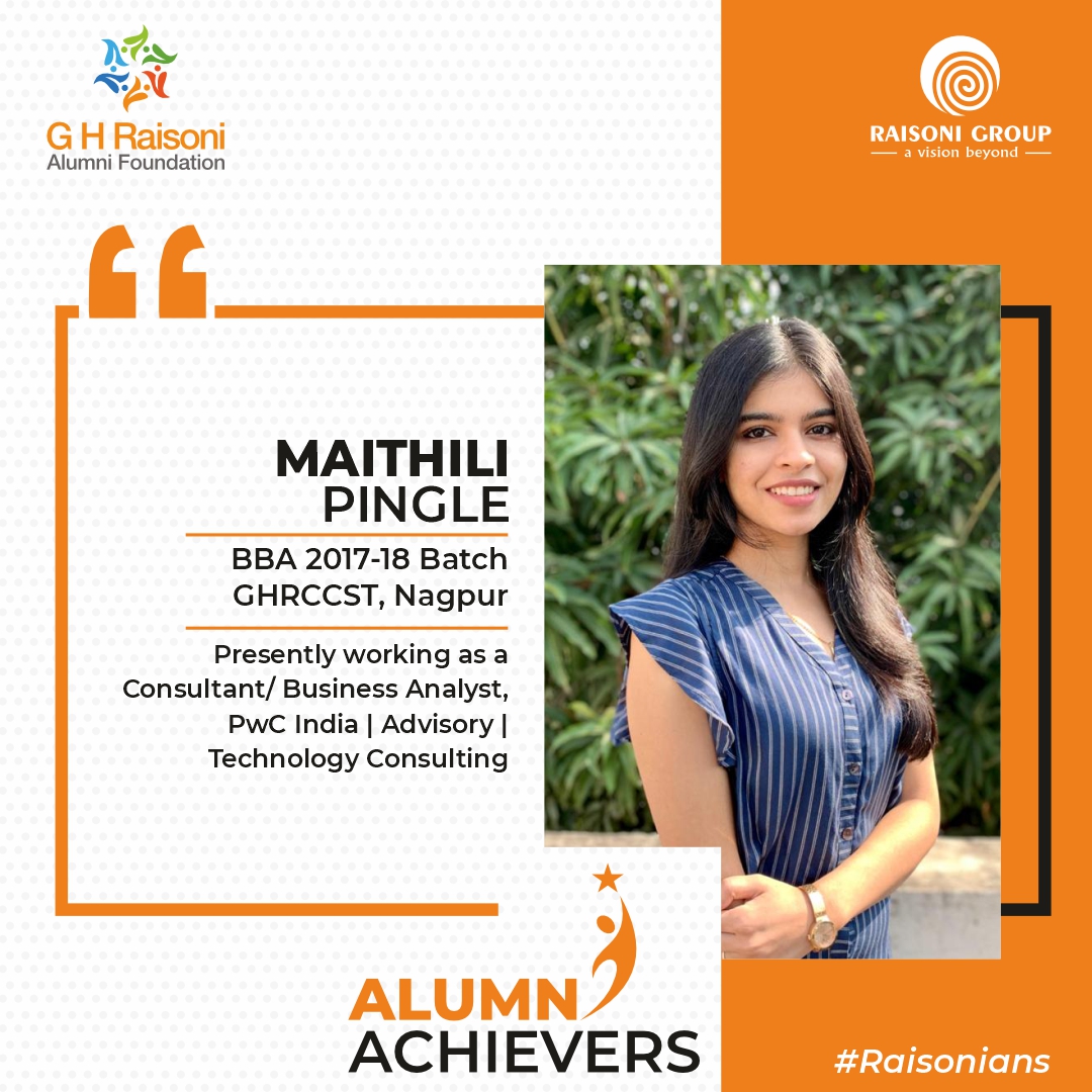raisoniworld's tweet image. Proud to present Maithili Pingle, an alum of GHR College, Nagpur. As a Business Analyst at PwC India, she combines her BBA background with innovative solutions to drive business excellence. Her success story inspires us all. #SuccessStory #BusinessAnalyst  #PwCIndia