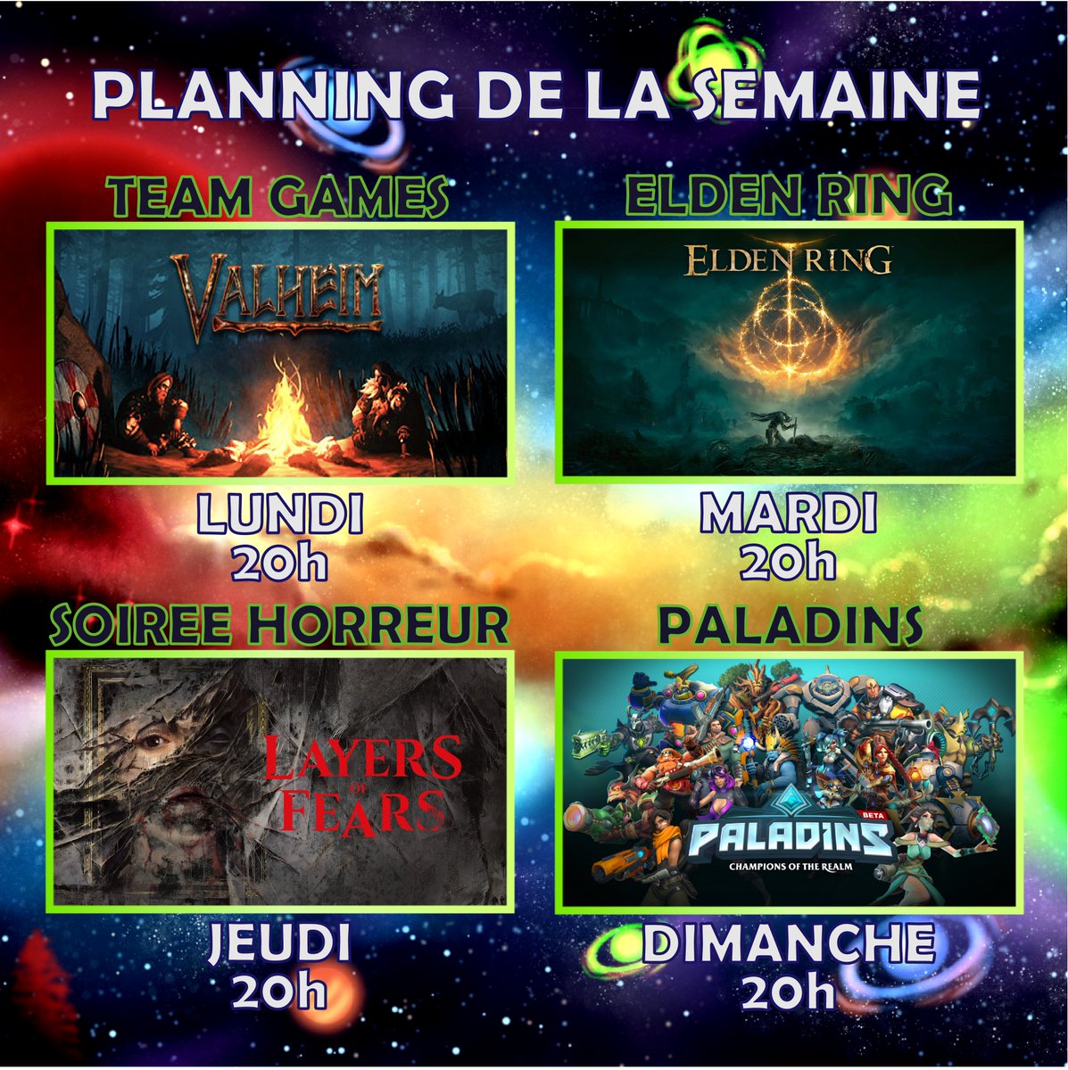 LeKricket's tweet photo. Voici le planning de la semaine !
🎥 Lundi - POV Build et rangement sur Valheim ! 🤝
🎥 Mardi - Elden Ring en duo ⚔️
🎥 Jeudi - Episode 5 - DLC de Layers Of Fears !! 😱👻
🎥 Dimanche - Paladins avec l'équipe 💎
#twitch #stream #planning #twitchfr #games https://t.co/PlvViIC9qU