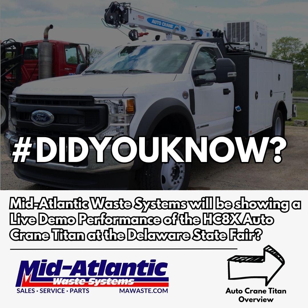 MAWasteSystems's tweet photo. #DidYouKnow that Mid-Atlantic Waste Systems is set to give a live demo of the HC-8x Auto Crane Titan at the Delaware State Fair? Don't miss this incredible opportunity to witness the Titan in action and meet our team! #MidAtlanticWasteSystems #DelawareStateFair #AutoCrane https://t.co/MJuXGRYlu2