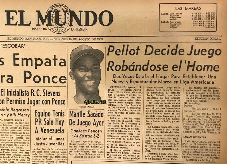 Palco_21's tweet photo. #VictorPellot 🇵🇷#VicPower de los Indios de Cleveland,Se “Roba”el JOME-HOME 2s veces en 1 juego Agosto141958 DetroitTigers @ ClevelandInd Bja8 bateando Miñoso,Pellot se roba el Home,Bja10 batea Calavito,juego 9a9,Pellot se roba el Home x ganar el juego 10a9 cPEM #DeAreciboPR🇵🇷 👇🏽 https://t.co/NihjBCDw8B