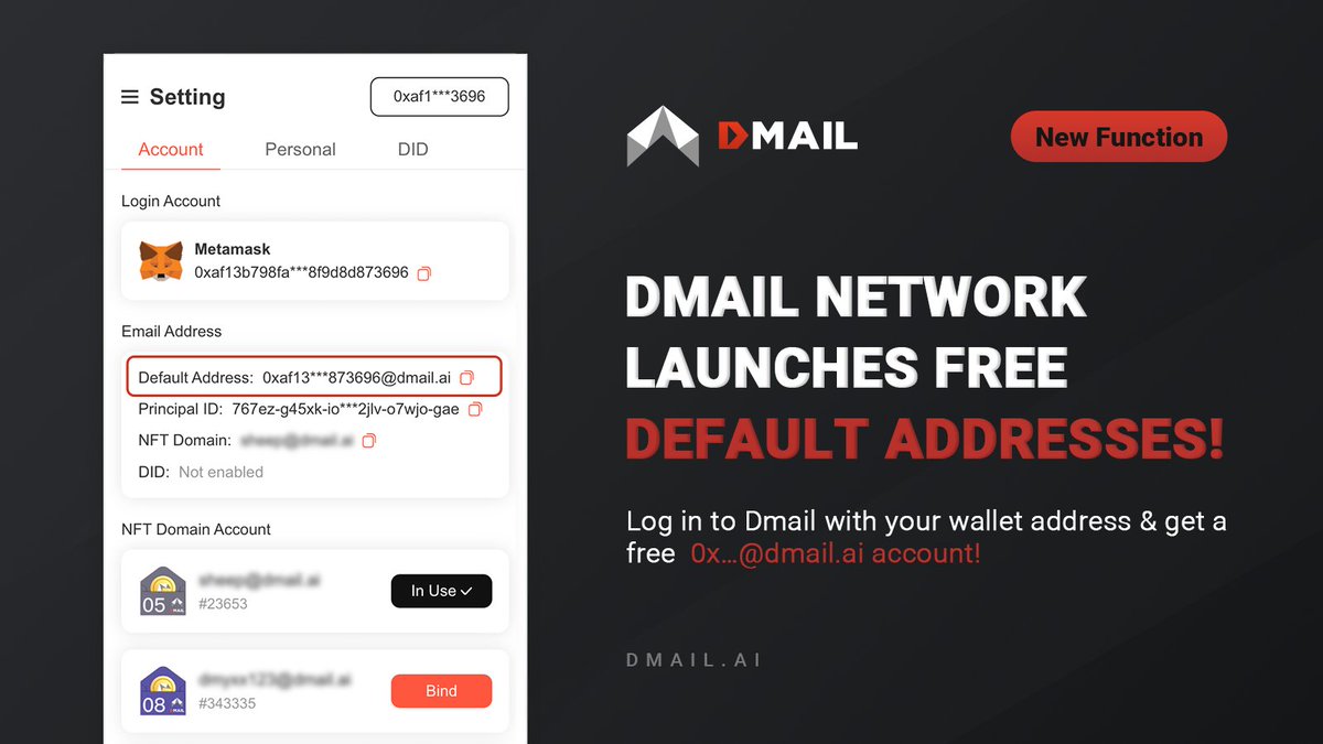 Dmailofficial's tweet photo. 🥳Dmail is offering FREE Default Addresses! 🎁

🔓Log in to https://t.co/2ayPh5aVgH using your wallet to get a free address!

📩#MailtoEarn via sending &amp; receiving #Web3 emails!

👉🏻Learn more: https://t.co/rE2BeK4rdw

👬 RT &amp; @ 3 friends for a chance to win 500 $USDT! #Giveaway https://t.co/JZXTBawjqB