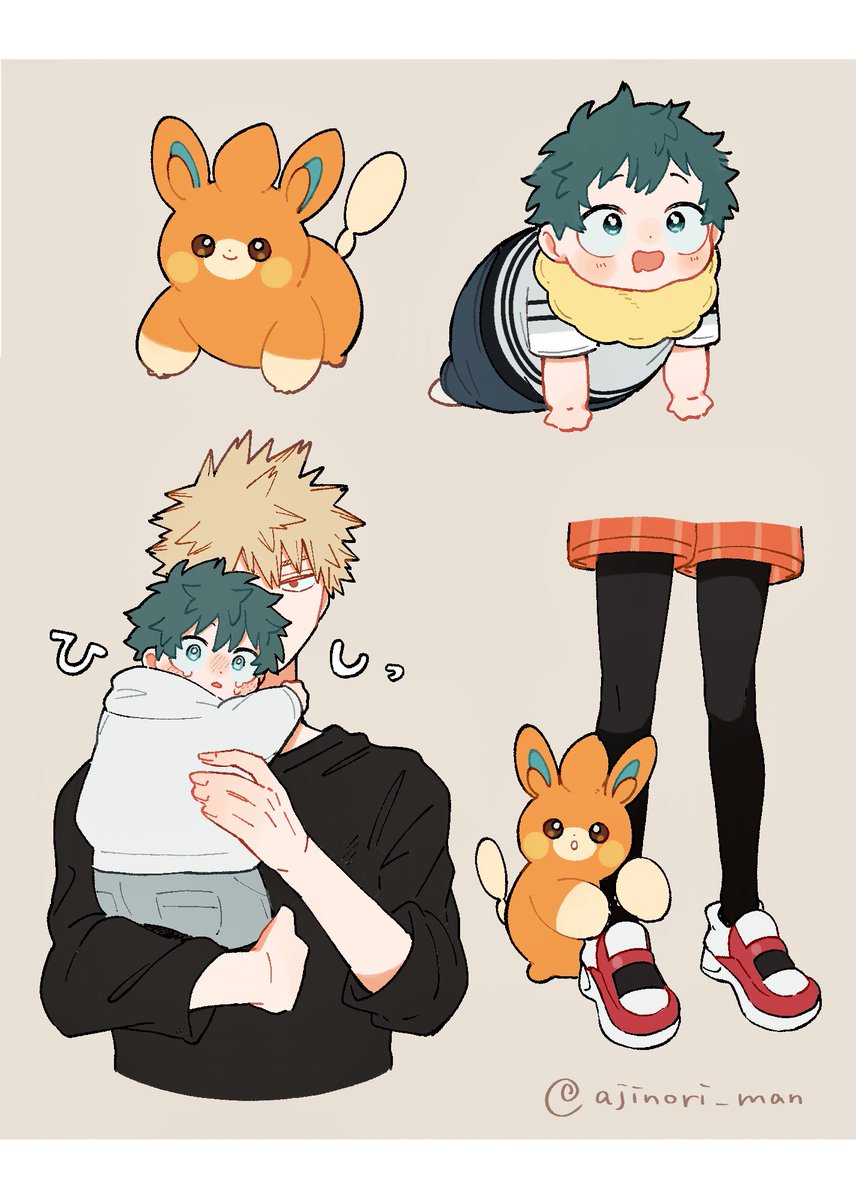 bakugou katsuki ,midoriya izuku freckles multiple boys 2boys green hair shorts shirt blonde hair  illustration images