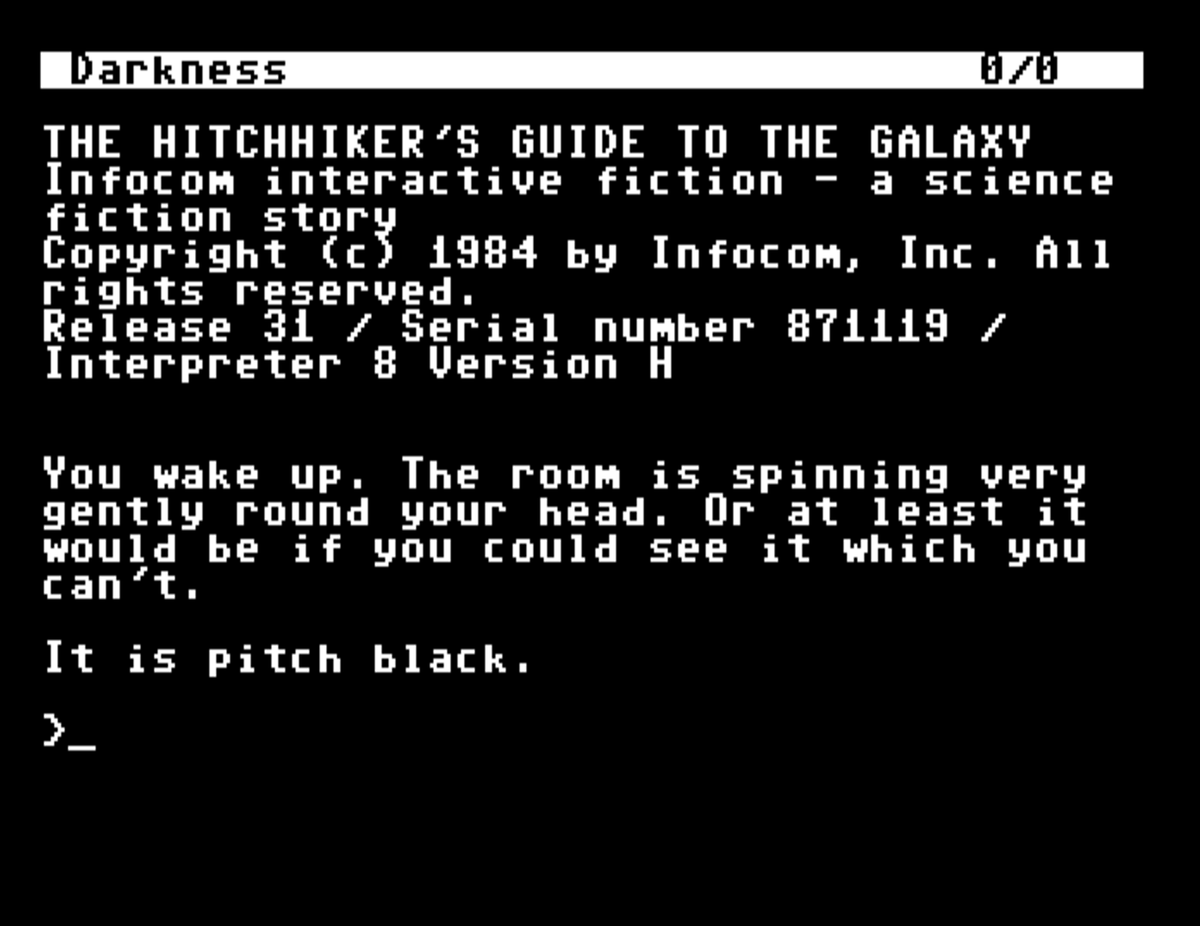 davidmt's tweet photo. C64 Greatest Hits
The Hitchhiker's Guide to the Galaxy 🪐

One of the best works of Interactive Fiction ever made, based on the novel by Douglas Adams. 

Very playable with a few brain-bending sections, such as the infamous "Babel Fish" puzzle.

#C64 #Commodore64 #RetroGames https://t.co/Mfy2Hi6HXO