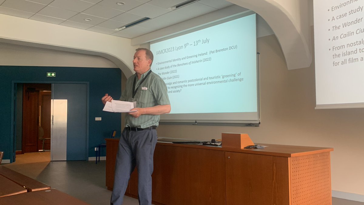 brendamcnally's tweet image. Prof Pat Brereton presenting on green reading of Irish films @DCUClimate #IAMCR2023