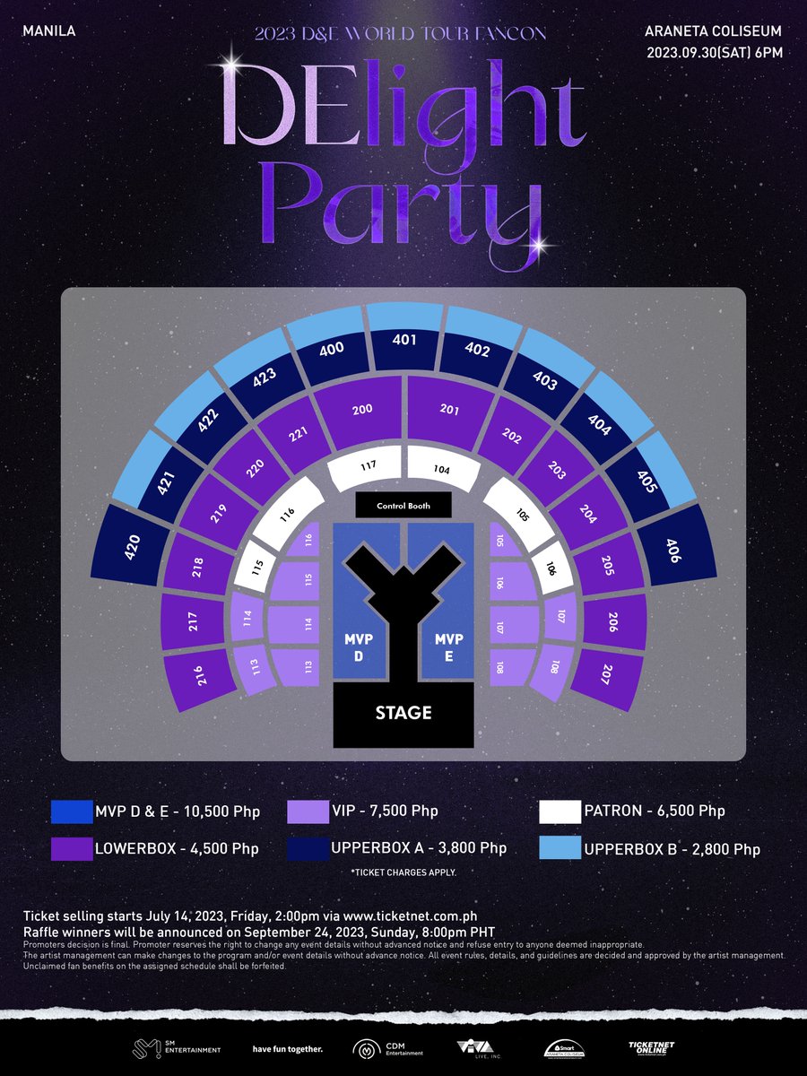 cdmentph's tweet photo. Get ready to scream “Oppa, Oppa” because TWO kings from KPOP’s Golden Era is coming to the Philippines!

Join us at 2023 D&E WORLD TOUR FANCON - [DElight Party] IN MANILA happening this September 30, 2023, 6 PM at the Smart Araneta Coliseum.

Party with Donghae & Eunhyuk as they bring SUPER JUNIOR-D&E's concert tour to PH for the first time ever! 

🎟️ Ticket selling starts July 14, 2023 (FRI), 2 PM via TicketNet outlets nationwide and https://t.co/2srtOjcnvV. 

Ticket prices and inclusions below:

🪩 MVP D (PHP10,500)
Goodbye Session
Official Poster
Souvenir Card
A chance to win one of 10 signed posters via raffle

🪩 MVP E (PHP10,500)
Soundcheck
Official Poster
Souvenir Card
A chance to win one of 10 signed posters via raffle

🪩 VIP (PHP7,500)
Official Poster
Souvenir Card
A chance to win one of 10 signed posters via raffle

🪩 PATRON (PHP6,500)
Official Poster
Souvenir Card
A chance to win one of 5 signed posters via raffle

🪩 LOWER BOX (PHP4,500)
Official Poster
Souvenir Card
A chance to win one of 5 signed posters via raffle

🪩 UPPER BOX A (PHP3,800)
Official Poster
Souvenir Card
A chance to win one of 5 signed posters via raffle

🪩 UPPER BOX B (PHP2,800)
Official Poster
Souvenir Card
A chance to win one of 5 signed posters via raffle

*Prices are subject to TicketNet’s ticketing charges.

Don’t miss out on seeing SUPER JUNIOR-D&E’s top-notch live stages that are meticulously prepared just for E.L.F.. 💙See you soon!

This event is presented by CDM Entertainment and VIVA LIVE.

#슈퍼주니어DnE #SuperJuniorDnE #슈퍼주니어 #SUPERJUNIOR #은혁 #EUNHYUK #동해 #DONGHAE #DElight_Party # Havefuntogether