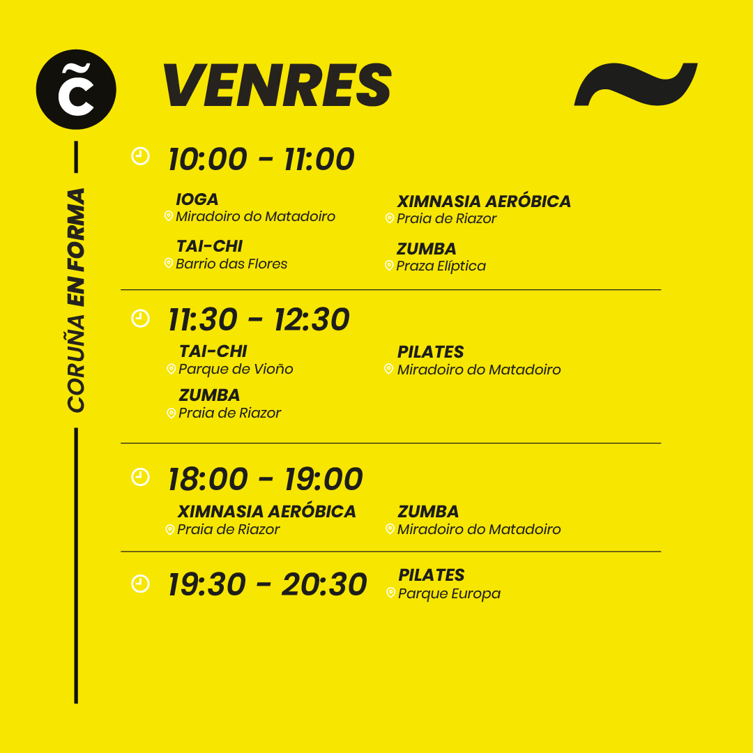 🧘‍♀️ Tai chi, Zumba, Ximnasia Aeróbica, Pilates, Ioga e moita diversión para a xornada de mañá, venres 28 de xullo, co programa #CoruñaEnForma!

🟡 Consulta as diferentes localizacións e practica as túas actividades favoritas ao aire libre.