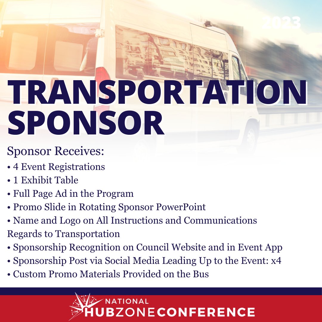 📢 Last Chance Alert! 🚚 Buckle up and join the ride! We still have the Transportation sponsorship opportunity available for the 2023 National HUBZone Conference! 🌟
hubzonecouncil.org/2023-National-…
#HUBZoneConference2023 #SponsorshipOpportunity #RevUpYourBrand #HZConf23