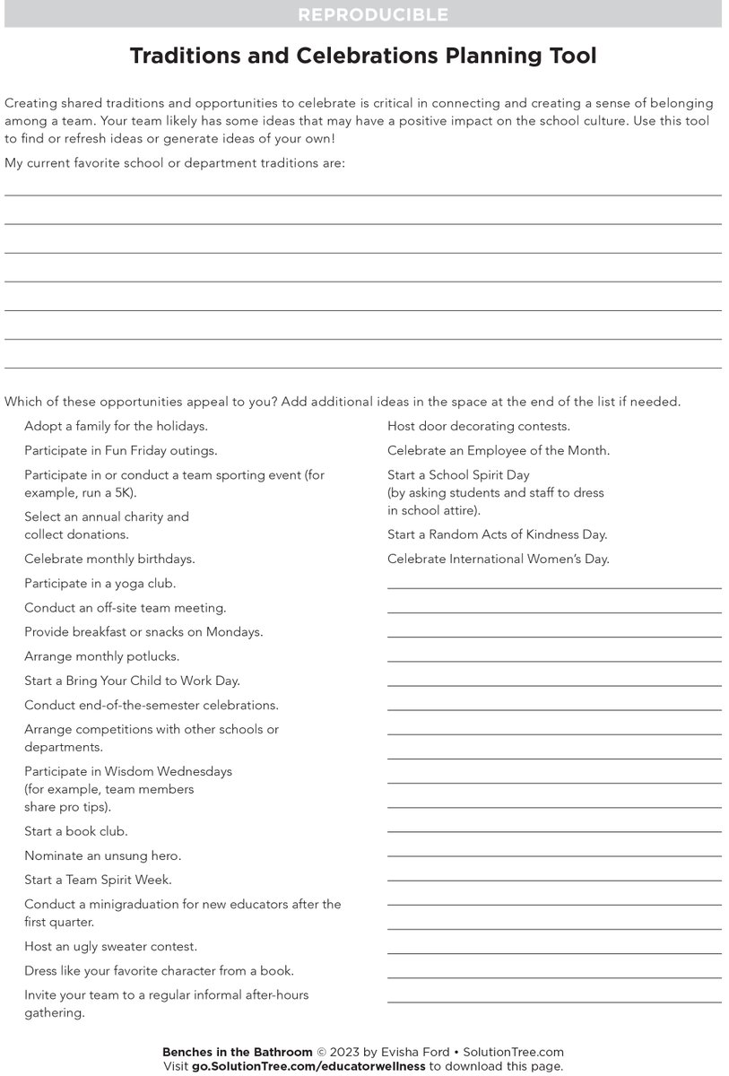Creating shared traditions and opportunities to celebrate is critical in connecting and creating a sense of belonging among a team.

Use this tool from Benches in the Bathroom to brainstorm and generate some ideas! bit.ly/43Lfigs