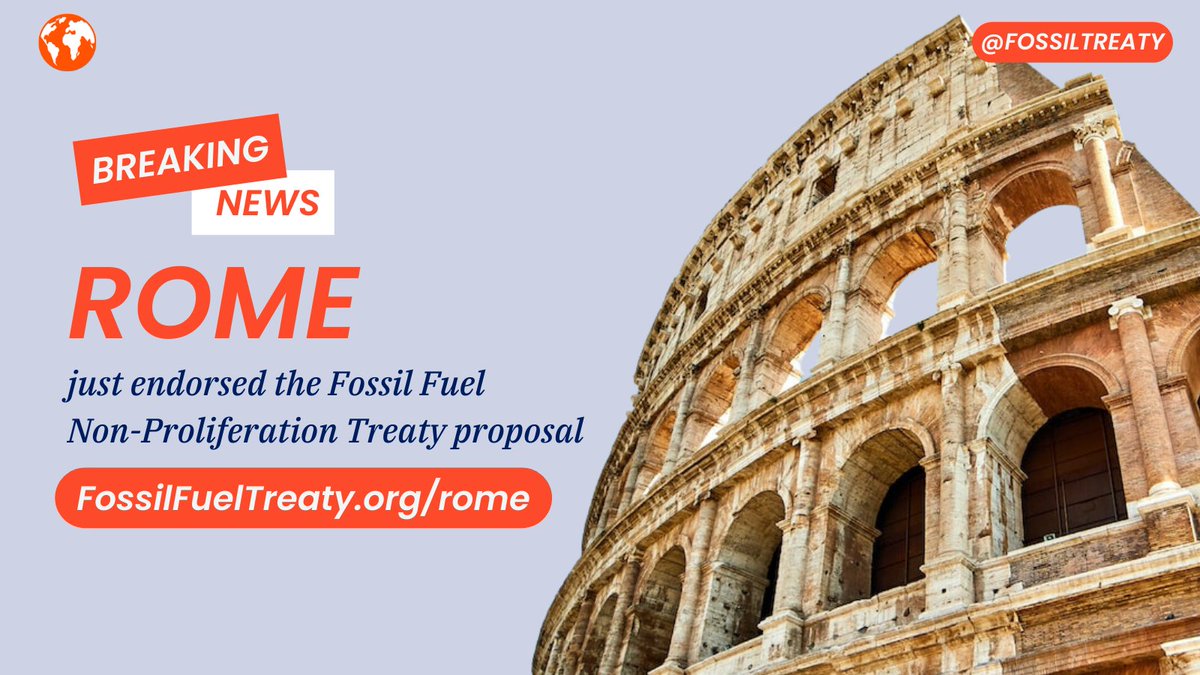 The Italian capital #Rome just took a crucial step towards ending the empire of coal, oil and gas by endorsing the #FossilFuelTreaty! 🇮🇹

Read more 👉 fossilfueltreaty.org/rome