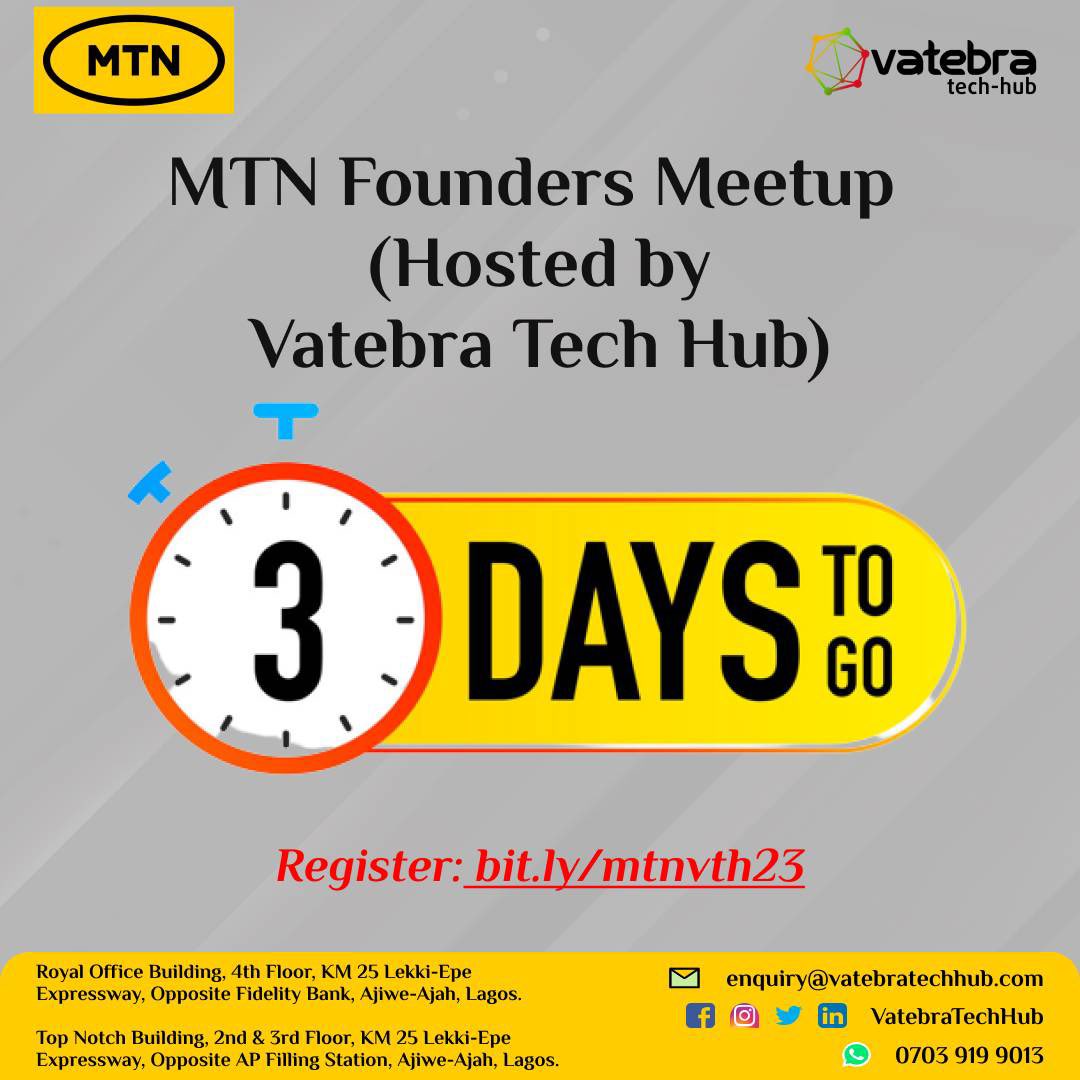 Vatebratechhub's tweet photo. DATE: THURSDAY 13TH JULY 2023

TIME: 11AM

REGISTRATION LINK: https://t.co/S5Ilp2WOJ8

LOCATION: VATEBRA TECH HUB
Royal Office Building, 4th Floor, KM 25 Lekki-Epe Expressway, Opposite Fidelity Bank, Ajiwe-Ajah, Lagos.

Hope to see you there

Please share with your community https://t.co/SHgIpzSHf2