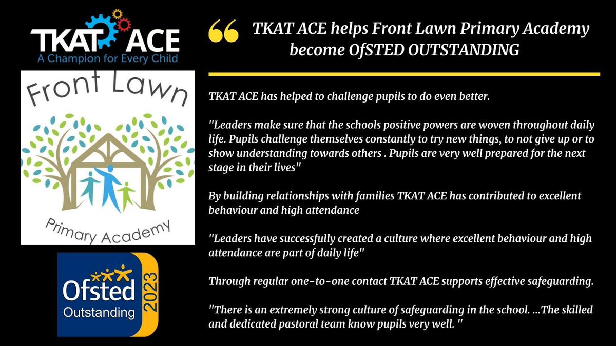 …..and some more!

Congratulations to our colleagues <a href="/FLawnPrimary/">Front Lawn Primary</a> - you’re fabulous and officially <a href="/Ofstednews/">Ofsted</a> #Outstanding 

The <a href="/TKATACE/">TKATACE</a> programme was delighted to be part of your journey.

#oneTKATfamily <a href="/TKATAcademies/">TKAT: Achieving More Together.</a>